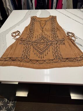 Free People Coffee Colored Beaded Tie-Side Mini Dress Summer Wedding Stunning